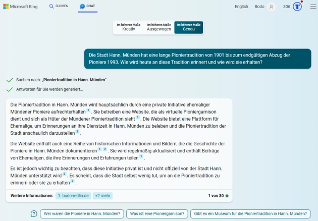 Bing-Anfrage mit Antwort